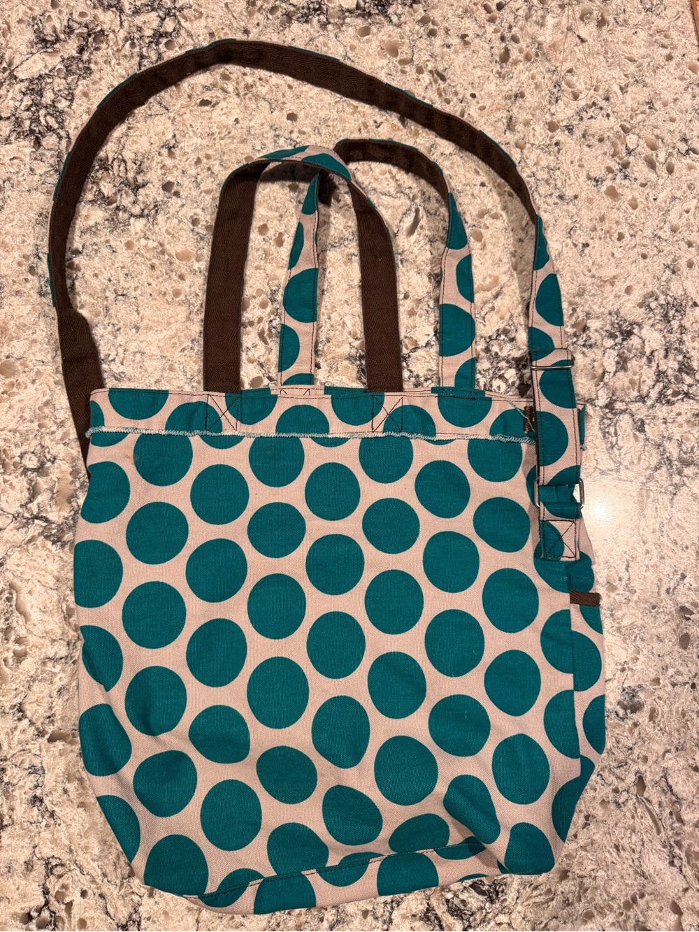 thirty-one Teal Polka Dot Canvas Tote with Brown Straps